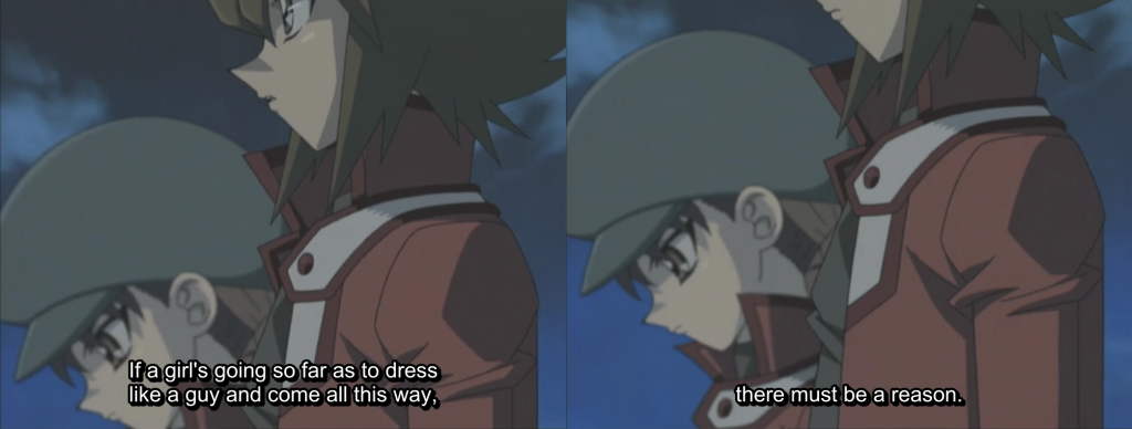 A screencap of Judai (Jaden) saying, "If a girl's going so far as to dress like a guy and come all this way, there must be a reason."